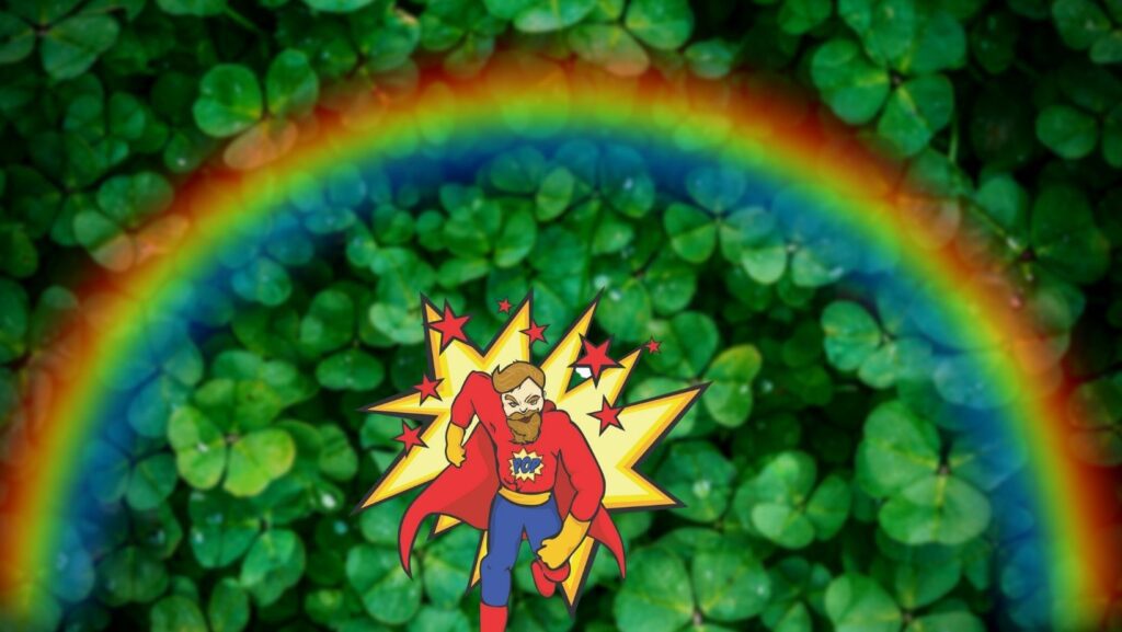 POP hero under rainbow with clovers in background